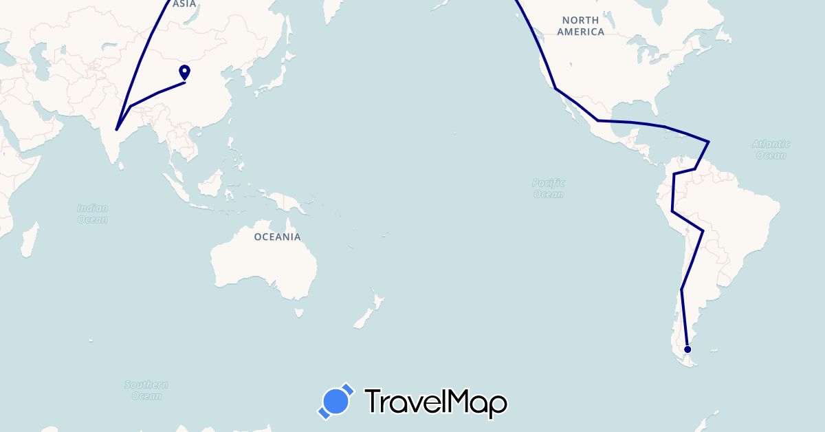 TravelMap itinerary: driving in Argentina, Bolivia, Chile, China, Colombia, Cuba, Guadeloupe, India, Mexico, Nepal, Peru, United States, Venezuela (Asia, North America, South America)
